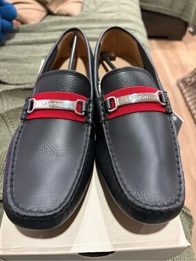 Lacoste Black Leather Slip-On Loafers with Red Strap